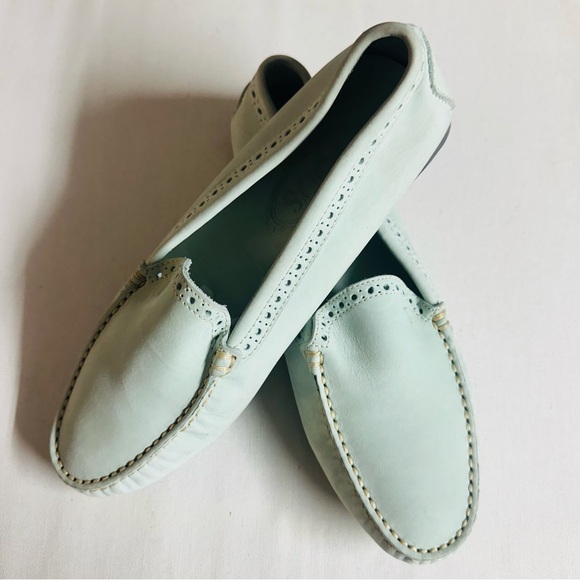 Tod's *Damaged* Gommino Leather Driving Shoes Light Mint Green Black - Picture 11 of 12